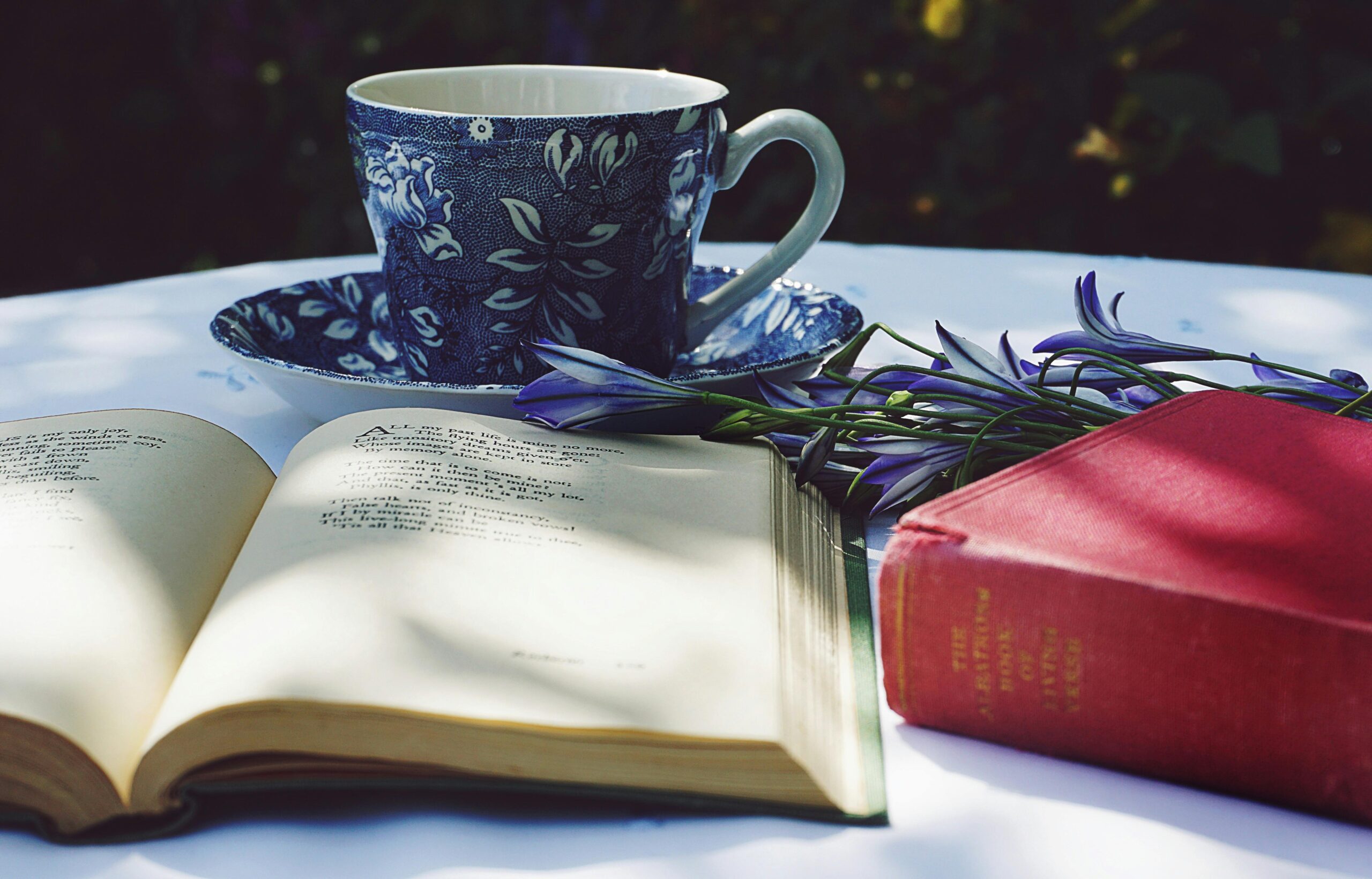 Buch Geöffnet Auf Weißem Tisch Neben Geschlossenem Rotem Buch Und Rundem Blauem Laub Keramikbecher Oben Auf Untertasse